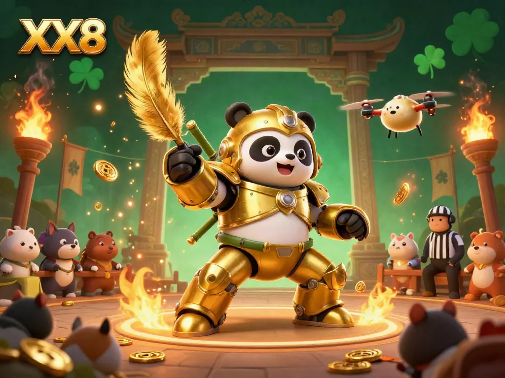 Engaging scene with golden panda and bamboo robot in the thrilling XX8 gambling arena.