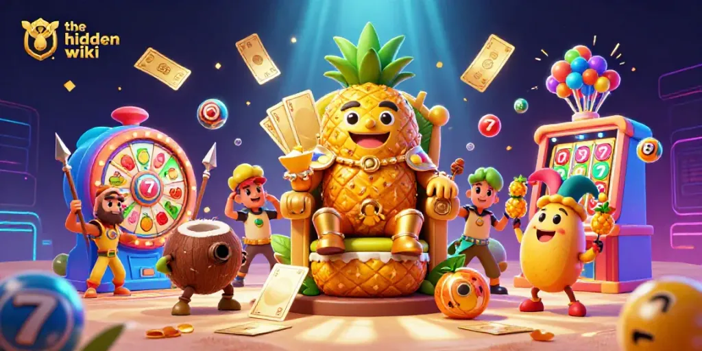 The hidden wiki showcases an inviting casino scene featuring a golden pineapple king and vibrant slot themes.