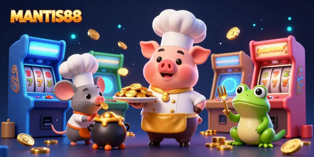 MANTIS88 offers a vibrant gaming experience with a pig chef, mouse sous-chef, and frog critic amidst coins and arcade games.