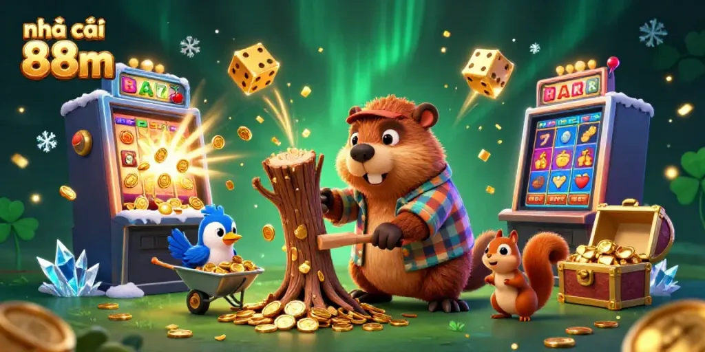Engaging illustration showcasing nhà cái 88m with a beaver, bird, and squirrel amid casino elements.